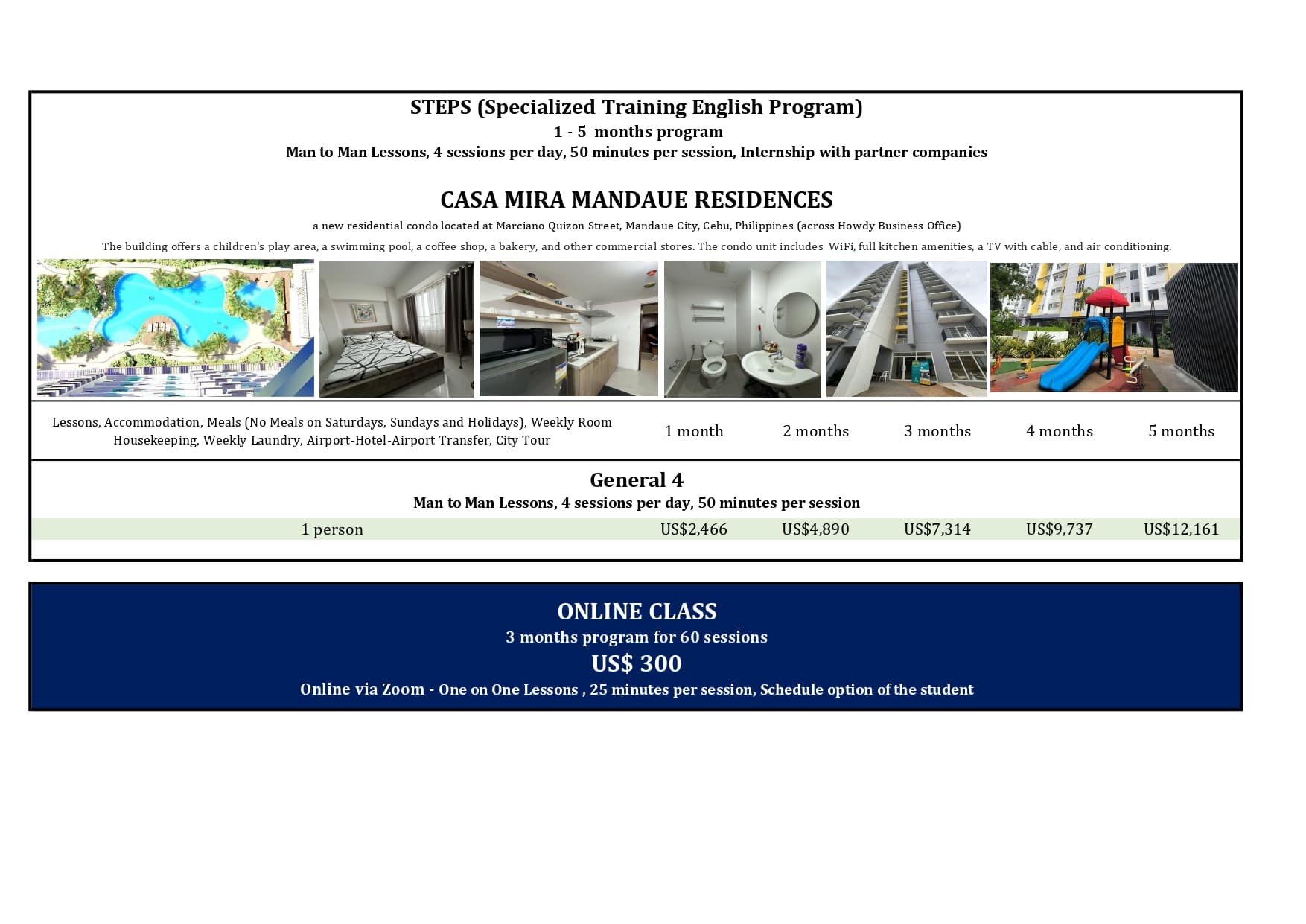 Avant English Academy 2026 price list — カサミラ&オンライン 料金表