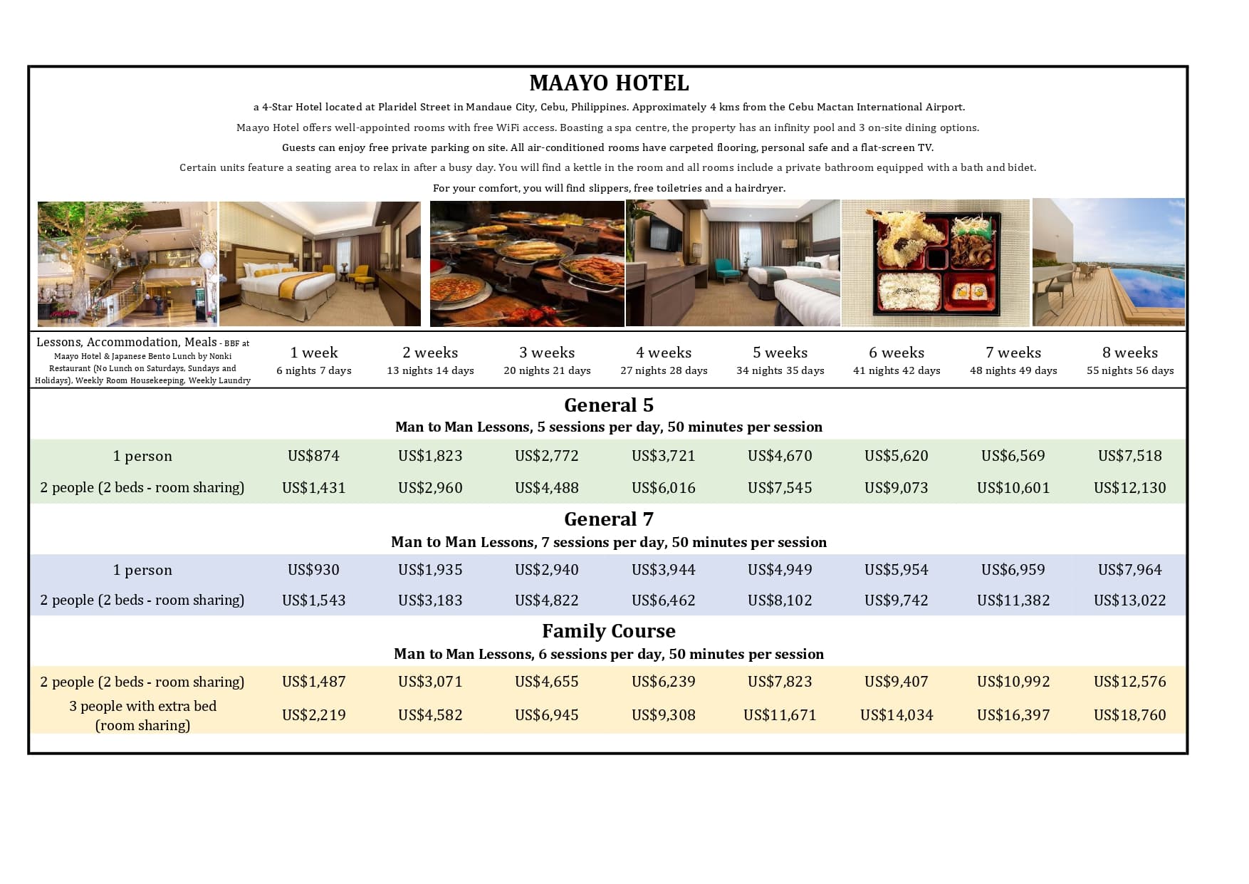 Avant English Academy 2026 price list — マアヨホテル 料金表